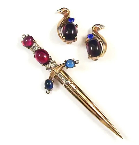 TRIFARI A. Philippe Sterling Ruby & Sapphire Cabochon Sword/Dagger Pin Earrings - Foto 3 di 22
