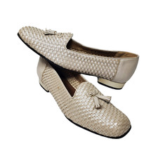 VTG 80s Bob Baker Metallic Ivory Woven Leather Heel Shoes Sz 8 Square-Toe Tassel