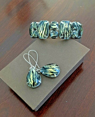 Zebra Bracelet Earrings set Black and White Classic Stretch Bracelet Dangle Ear - Picture 2 of 5