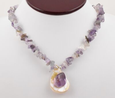20'' Natural Purple Amethyst Chip & Mother of Pearl Pendant Sterling Necklace