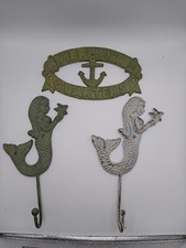 Cast Iron Mermaid Wall Decor 1 Plaque And 2 Coat Hooks
