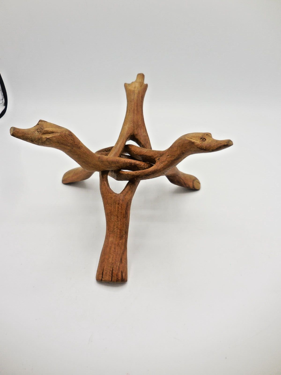 Vintage Hand Carved Wood Tripod Legged Stand Animal Head Feet