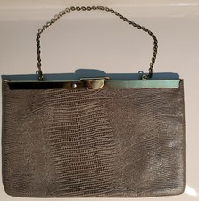 Vintage 50s-60s Etra Genuine Leather Taupe Clutch Lizard Pattern Intricate Clasp