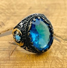 Handmade Blue Aquamarine Oval Stone Men Ring, 925k Sterling Silver Jewelry Mens