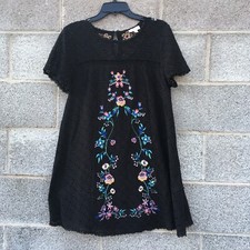 Umgee Sz Small Black Mini Shift Dress Embroidered Floral Boho Short Lined Girly