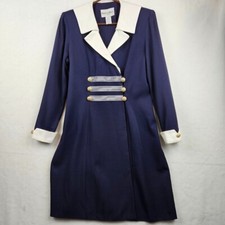 Danny & Nicole Vintage Dress Navy Blue White Collar & Cuffs Size 4 Petite Double