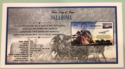 Bevil Hand Painted Oklahoma Land Rush 2007 First Day Of Issue w/COA Sc 4121 - Picture 6 of 7