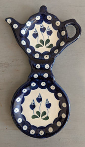 Bolwslawiec Pottery Spoon Rest Cup Tea Bag Holder Bleeding Hearts Blue Cream