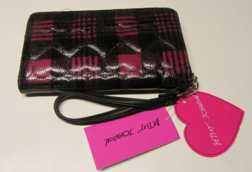 Betsey Johnson Puffy Hearts Zip Around Wallet Black Pink Plaid - Picture 2 of 5