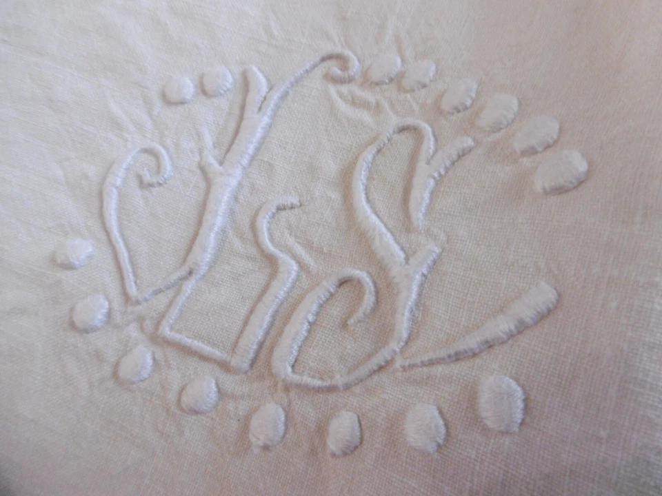 Taie de traversin 1900 lin brodé chiffrée L.S. - Photo 3/4