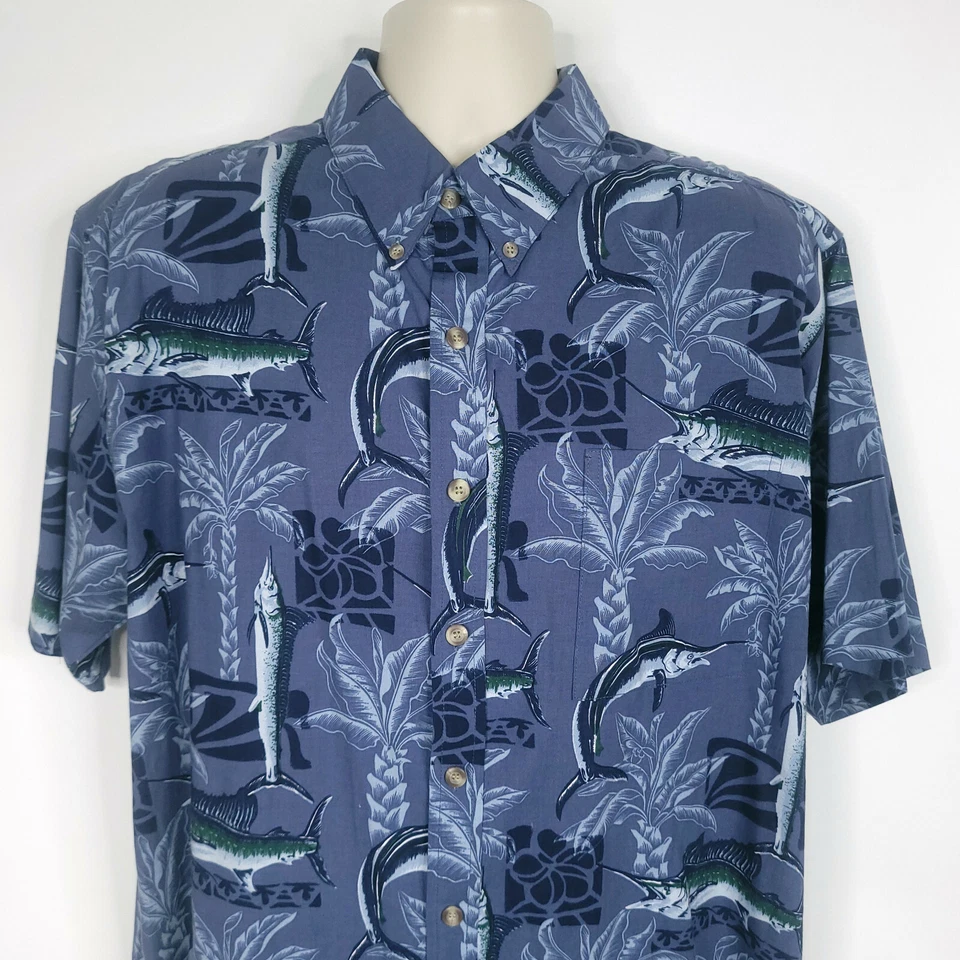 Michael Austin Mens Button Down Shirt L Blue Short Sleeve Marlin Fish Hawaiian - Image 3 of 4