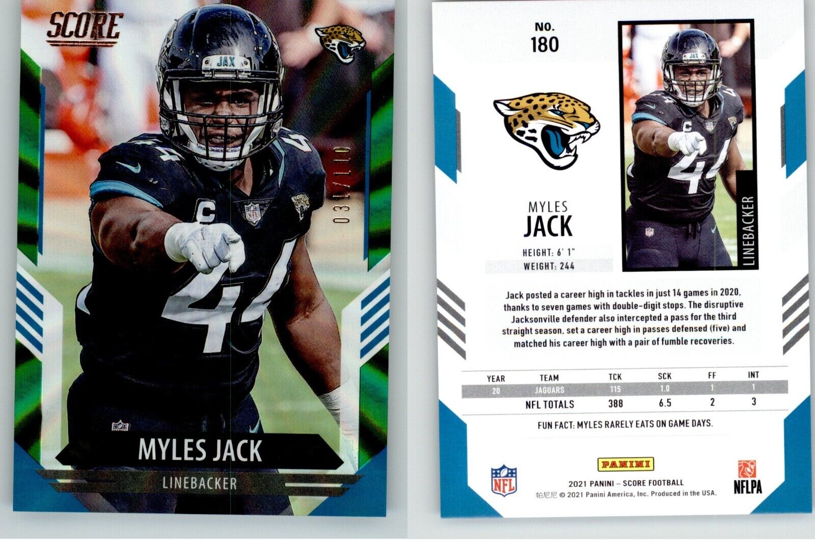 Myles Jack Veteran Card 2021 NFL Panini XR Holo Ultra Rare