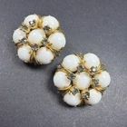 Vintage Hattie Carnegie Gold Tone Milk Glass & Rhinestone Clip On Earrings