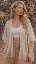 Cotton Festival Open Front Cotton Kimono/Jacket M Beige Embroidered Boho Hippie