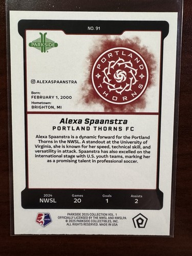 Parkside NWSL 2025 Vol. 1 #91 Alexa Spaanstra - Portland Thorns FC - Imagen 2 de 2