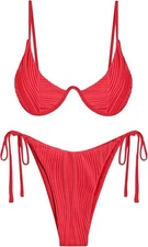 Zaful Women's 2pc Underwire Textured Side Tie Bikini Swimsuit - Red - Large