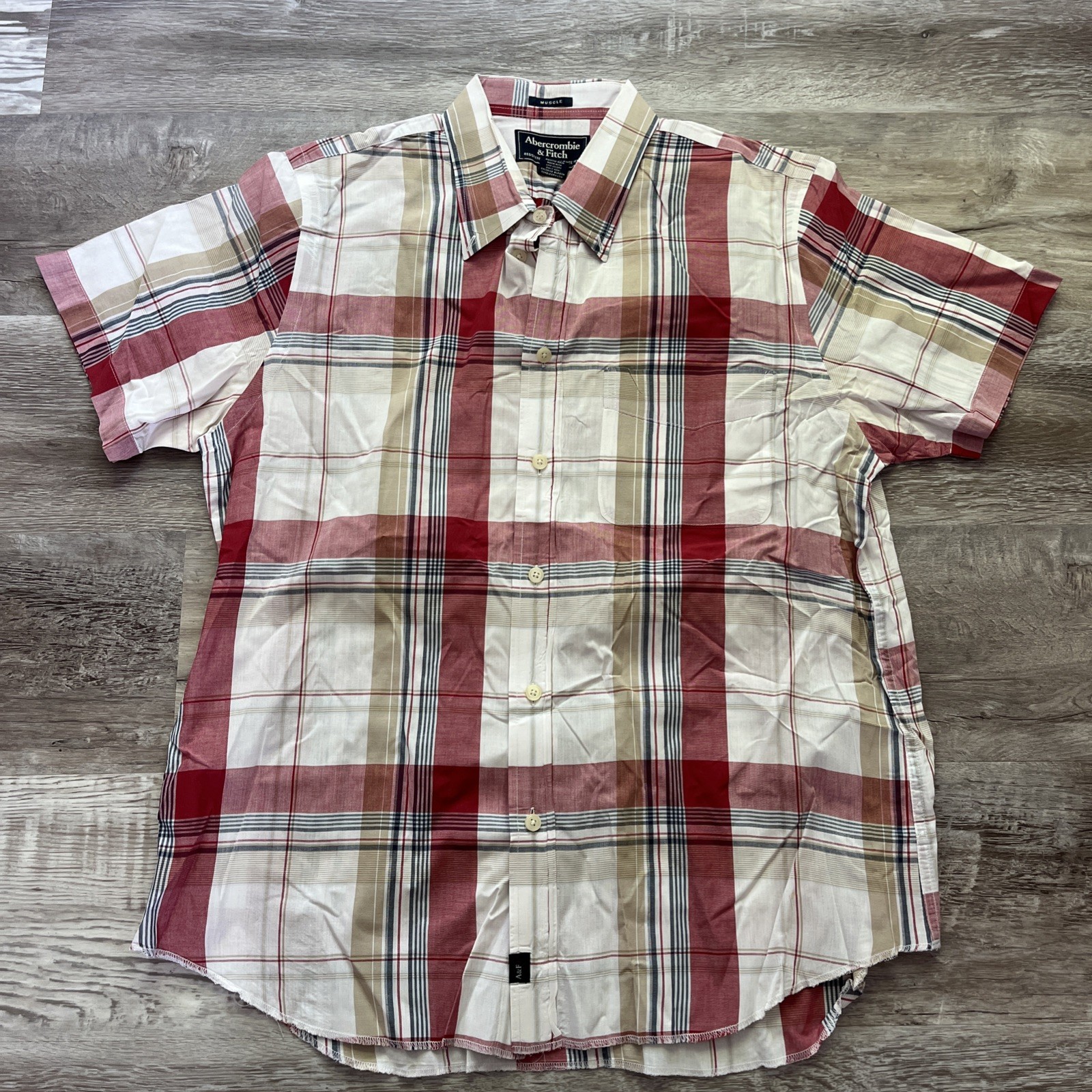 Abercrombie & Fitch Shirt Mens Large Muscle Fit Button Down Plaid Red Check
