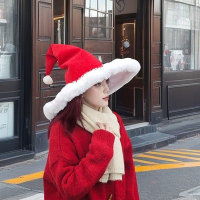 Wide Brim Santa Hat Red Christmas Costume Cap Adult Witch Style 19in Diameter