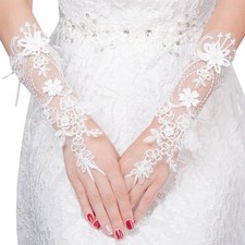 Women Girl Summer Fingerless Gloves Mesh Lace Floral Pearl White Wedding Mittens