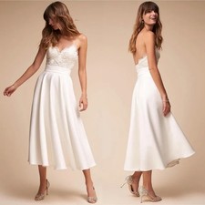 White VNeck Lace Spaghetti Strap Midi Wedding Dress Satin Tea Length Bridal Gown