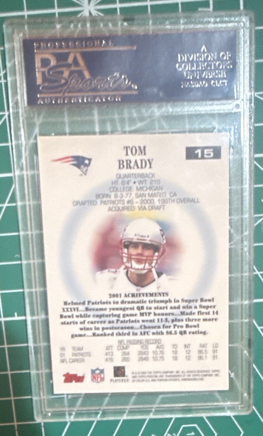 Topps Pristine 2002 Tom Brady Patriots #15 PSA 10 Graded Football Card view 2