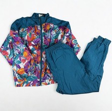 Vtg 90s Nylon Windbreaker Track Suit Set Womens M Floral Teal Bold Spirit Retro