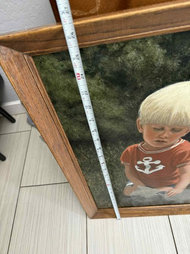 Vintage Original Oil Painting Signed Framed Boy Cat Landscape 26X20 in. Realism - Picture 5 of 11