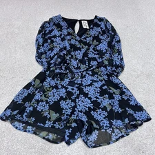 Sadie & Sage Romper Black Blue Floral Long Sleeve Belted Women’s Small NWT