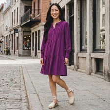 Halogen Dress Women Large Petite Purple Bohemian Long Sleeve Tiered Midi Buttons