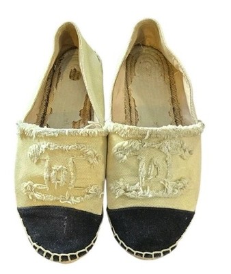 Chanel Espadrilles Beige Black Cotton Canvas Size 37 US 7 - Fair Worn Condition