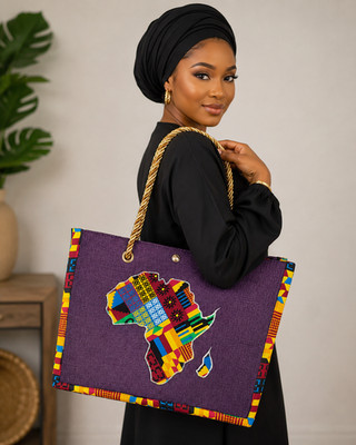 African Map Kente Patchwork Tote Bag   Purple Linen, Ankara Border, Braided Rope