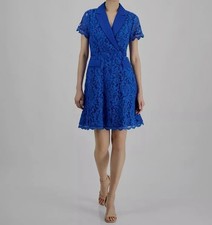 Tahari ASL Women's Blue Notch-Lapel A-Line Lace Dress Petite Size 8P