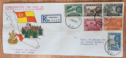 Malaya definitive stamps FDC Singapore registered