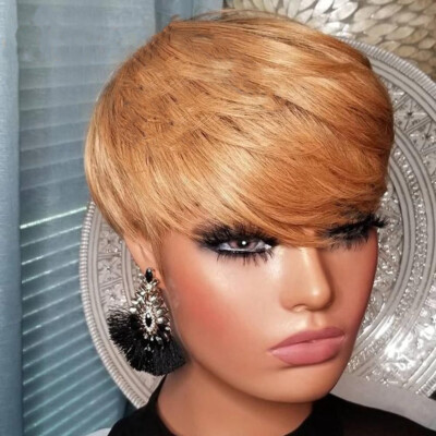 Light Brown Short Bob Straight Human Wigs With Bangs Real Hair Pixie Cut Wig