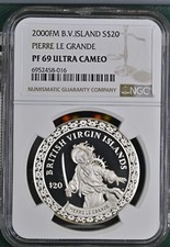 2000-FM B Virgin Islands 20 Dollars Pirate Pierre le Grande Silver NGC PF 69UC