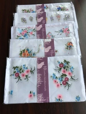 FOXBURY 10 pack Ladies Handkerchiefs Hankies White Floral Print Cotton Polyester