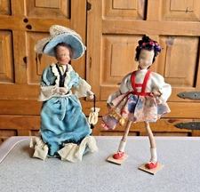 2 Vintage Ploetz Modell Heidelberg Folk Art Cloth Primitive Rag Dolls Kitschy