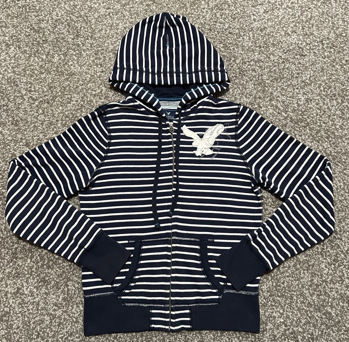 AMERICAN EAGLE Size S Navy White Striped Hoodie Sweatshirt Fleece Bird AE Womens