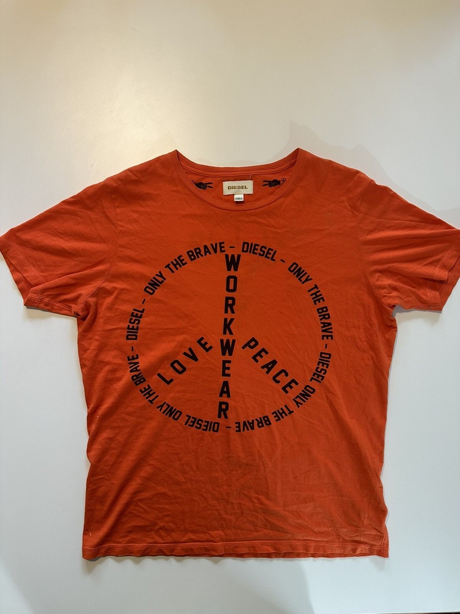 Diesel T-Shirt Men Small Orange Graphic Print Love Workweae Peace