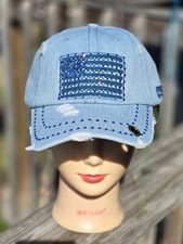 Ladies Light Blue Vintage Denim Jean BLING Ball Cap Hat NEW