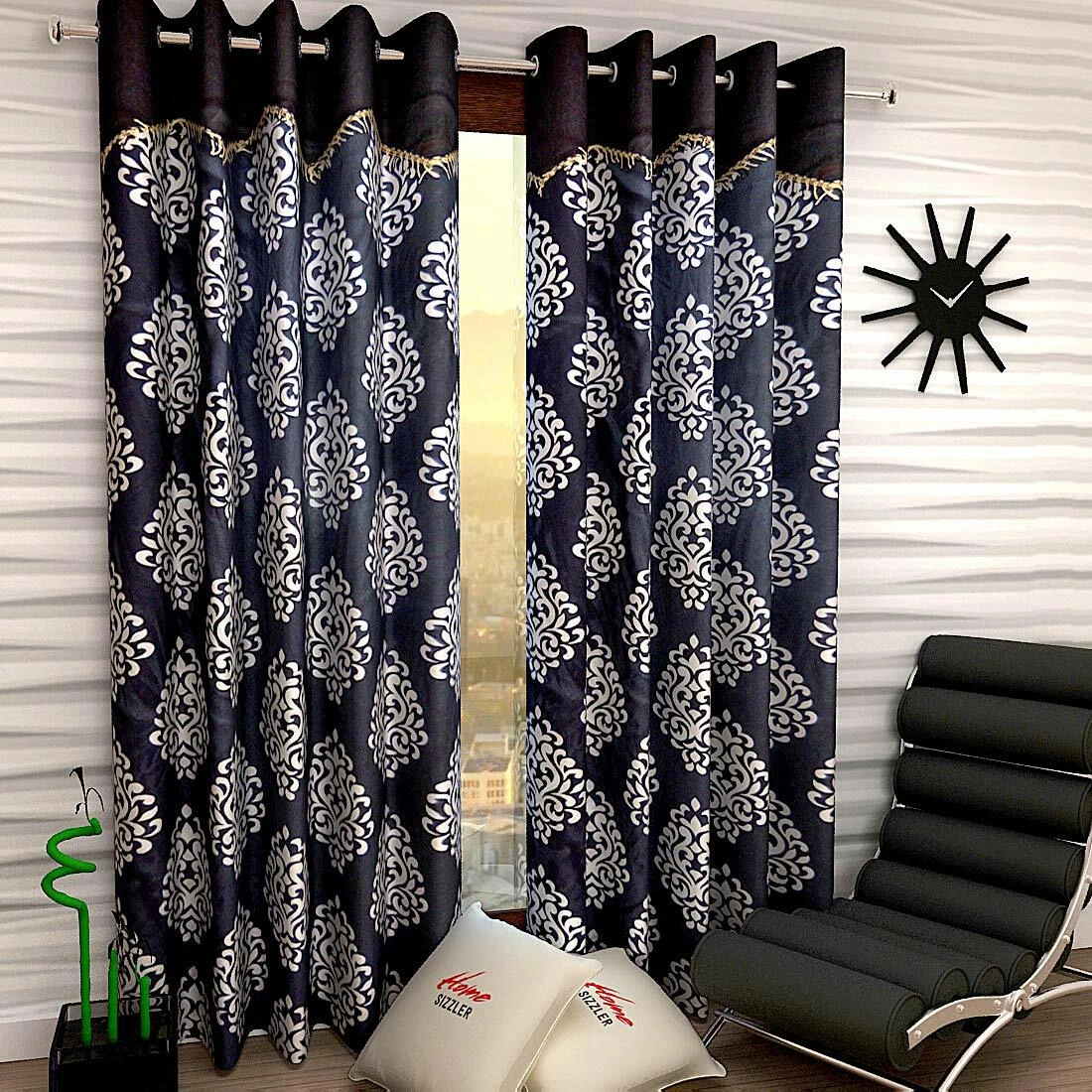 New 2 Piece Eyelet Polyester Door Curtain Set - 7 feet Black