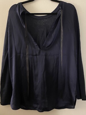 Sandro Open Front Blouse Silk Long Sleeves Size 3= Med Dark Navy Blue