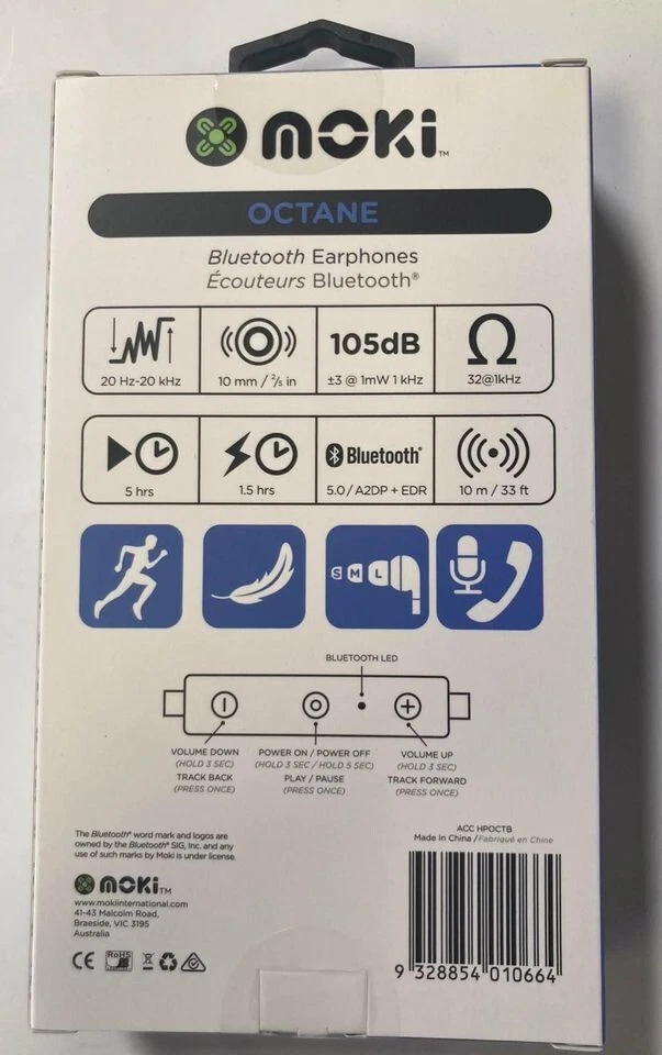 Moki Octane Ear hooks Sports Wireless Bluetooth Headset Earphones