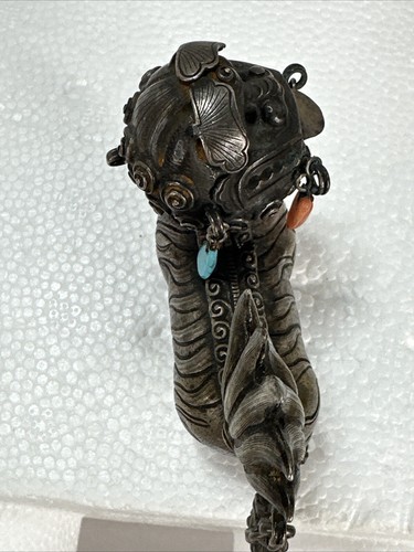 Tibetan Silver Qilin or Foo Dog 2pc Lot with Coral Turquoise Stone Bits - Picture 13 of 18