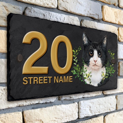 Cat House Number Slate Sign Kitten Gate Door Plaque Personalised Pet