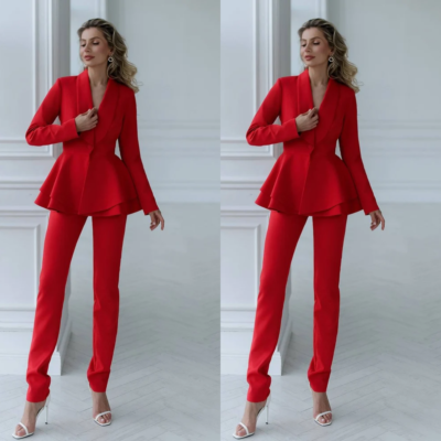 Red Formal 2 Pcs Women Suits Wedding Party Peplum Pant Suit