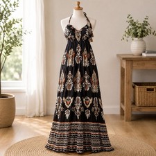 NWT Cupshe Maxi Dress Womens Small Black Boho Damask Halter Smocked Sundress