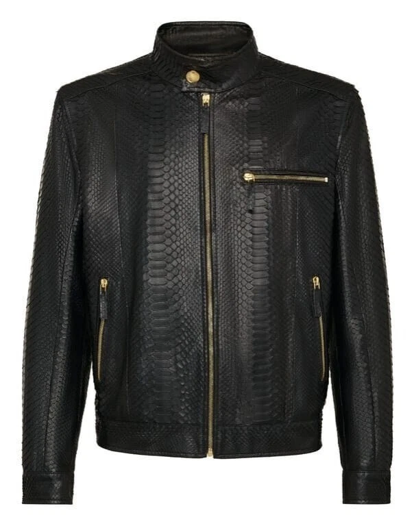 Men's Black Snakeskin Leather Biker Jacket Exotic Python Print With Golden Zip
