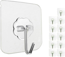 12 Pack Adhesive Wall Hooks Clear 33LB Heavy Duty Sticky Hooks