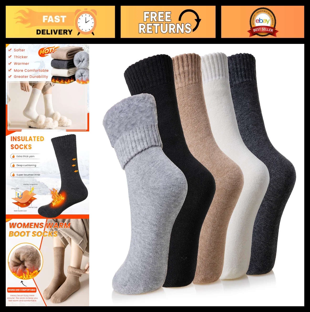 Extra Thick Thermal Socks for Women - Insulated Heated Crew Boot Socks, 5 Pairs